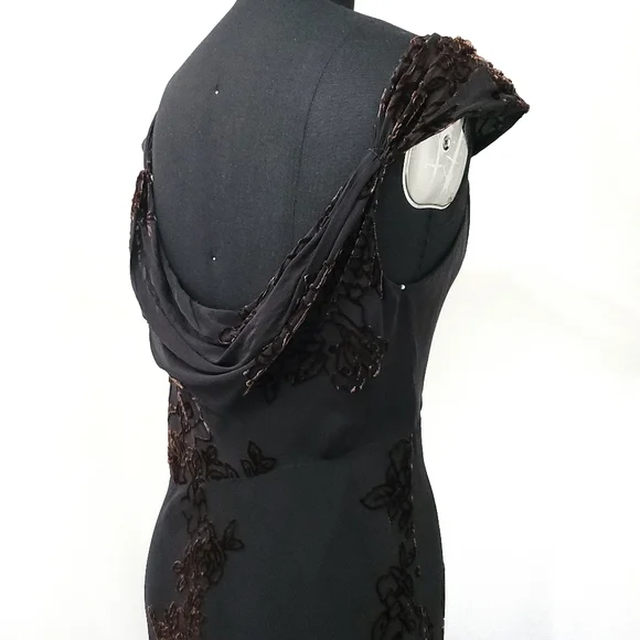 Vintage Y2K Silk Romantic Dark Floral Velvet Burnout Midi Dress - Picture 7 of 11